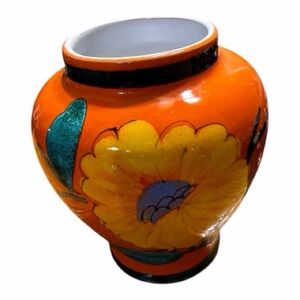 Mancioli Italian pottery vase. Mid Century Modern. Orange with floral design.